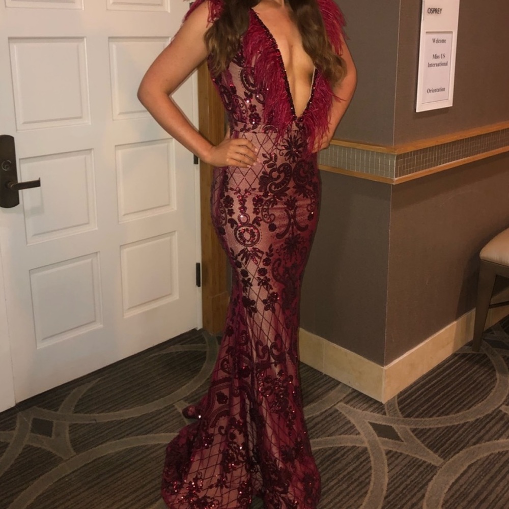 Custom Formal Gown Red Feather Sequin Pixton Desi… - image 1